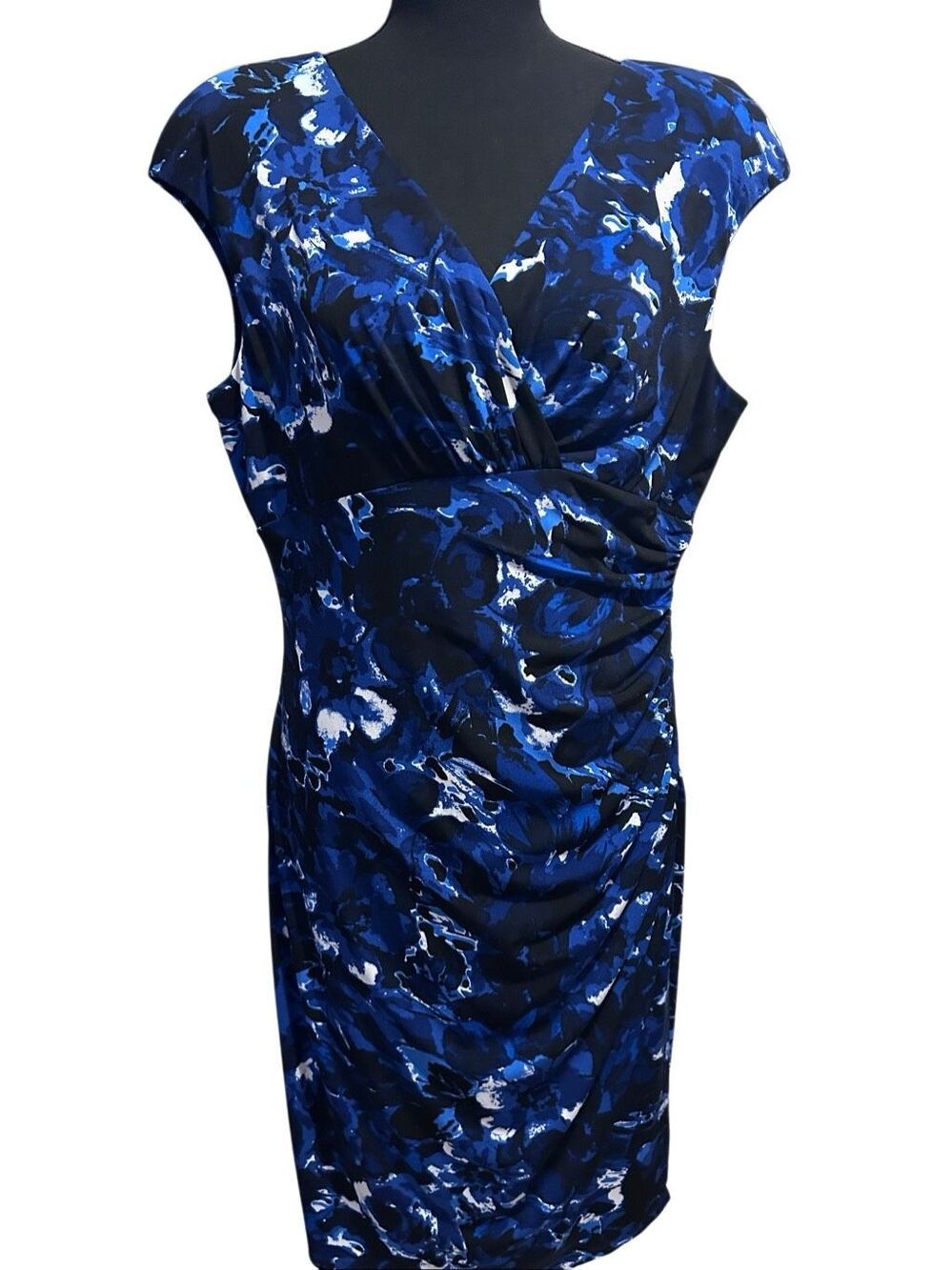 Lauren Ralph Lauren Blue Black Abstract Print Ruched Wrap Dress Cap Slv Size 14